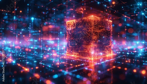 A cube with glowing lights on it is surrounded by a blurry background by AI generated image