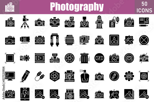 Set of 50 Photography glyph icons set. Workshop outline icons with editable stroke collection. Include Compact Camera, Dslr Camera, Top View, Instant Camera, Film Camera, Led Light