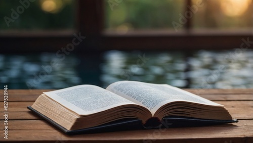 Open Book Resting on Wooden Desk with Blurred Background. © xKas