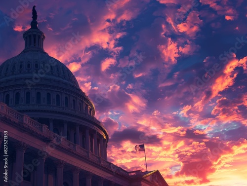 Capitol dome silhouette against a vibrant sunset sky with purple and pink clouds, highlighting the architectural details and patriotic flag.