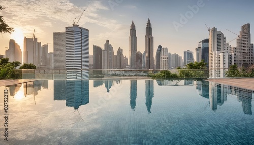 A city scape reflected in open rooftop pool 
