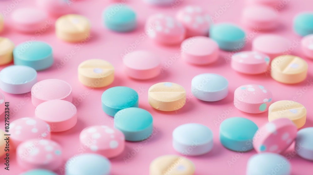 A colorful array of pills are scattered across a blue surface A colorful array of pills are scattered across a blue surface