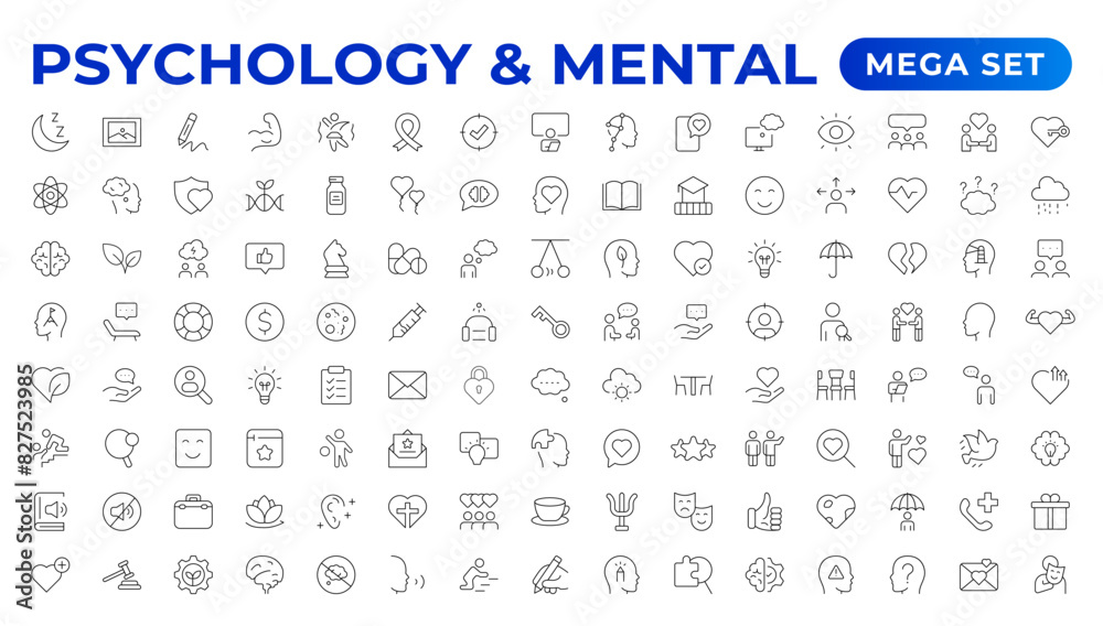 Psychology and mental line icons collection. Big UI icon set in a flat design. Thin outline icons pack. Vector illustration Psychology and mental line icons collection. Big UI icon set in a flat design. Thin outline icons pack. Vector illustration