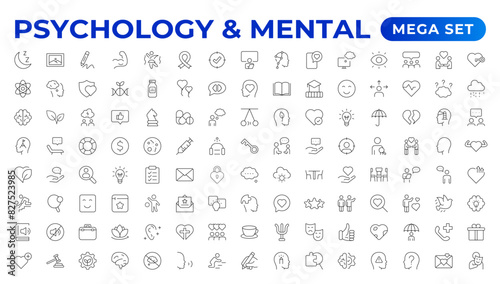 Psychology and mental line icons collection. Big UI icon set in a flat design. Thin outline icons pack. Vector illustration