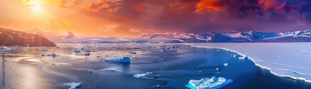 Breathtaking panoramic view of an icy coastline at sunset with floating icebergs and vibrant skies, capturing the serene beauty of nature. Breathtaking panoramic view of an icy coastline at sunset with floating icebergs and vibrant skies, capturing the serene beauty of nature.