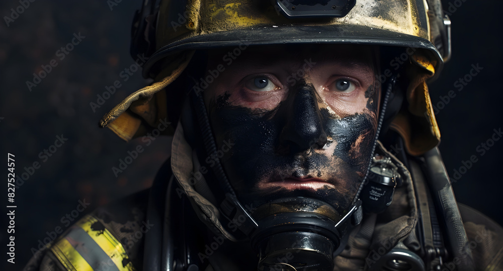 Fototapeta premium Resilient Firefighter in Protective Gear Facing Hazardous Conditions with Unwavering Determination and Courage