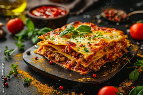 Delicious lasagna with meat sauce and cheese on dark background, hd photography of food, delicious bolognese pasta in the style of seihebricommerce stock photo contest winner. High quality photo