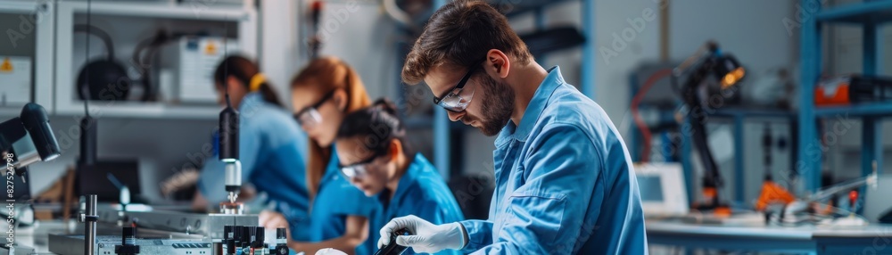 Fototapeta premium Skilled Engineers Calibrating and Testing Precision Instruments in Workshop