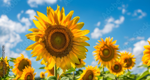 Breathtaking Sunflower Field Basking in Warm Summer Sunshine Against Clear Blue Sky