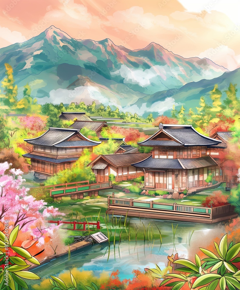 Obraz premium Charming Village Houses Amidst Mountainous Autumn Landscape in Traditional Asian Style