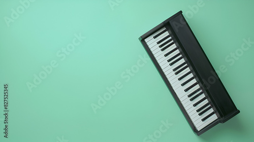 Black piano keyboard on light green background, generative AI