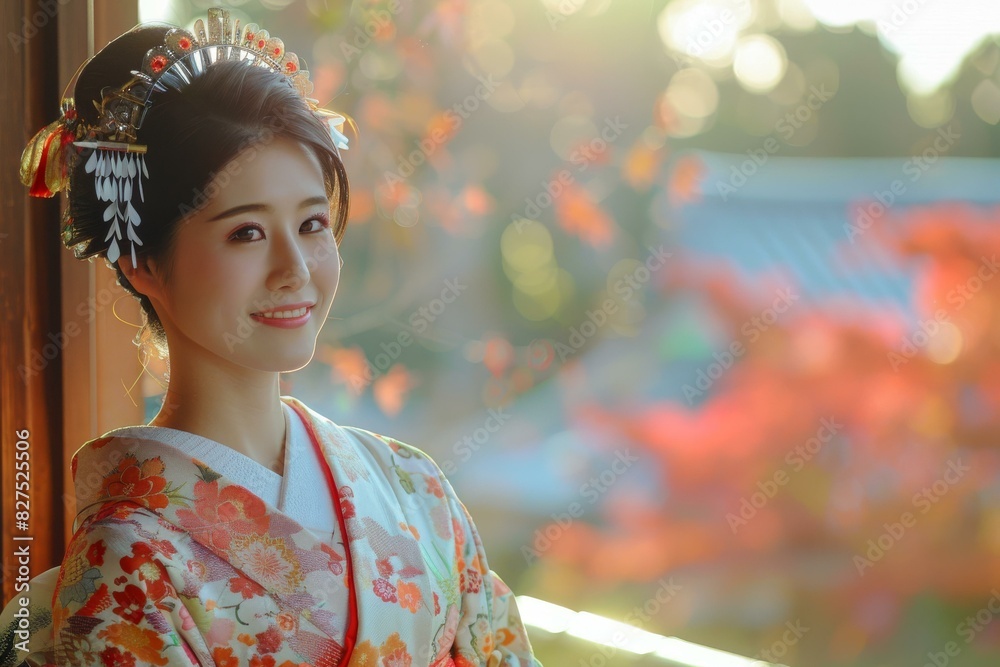 Portrait of a Japanese woman in traditional kimono smiling Portrait of a Japanese woman in traditional kimono smiling