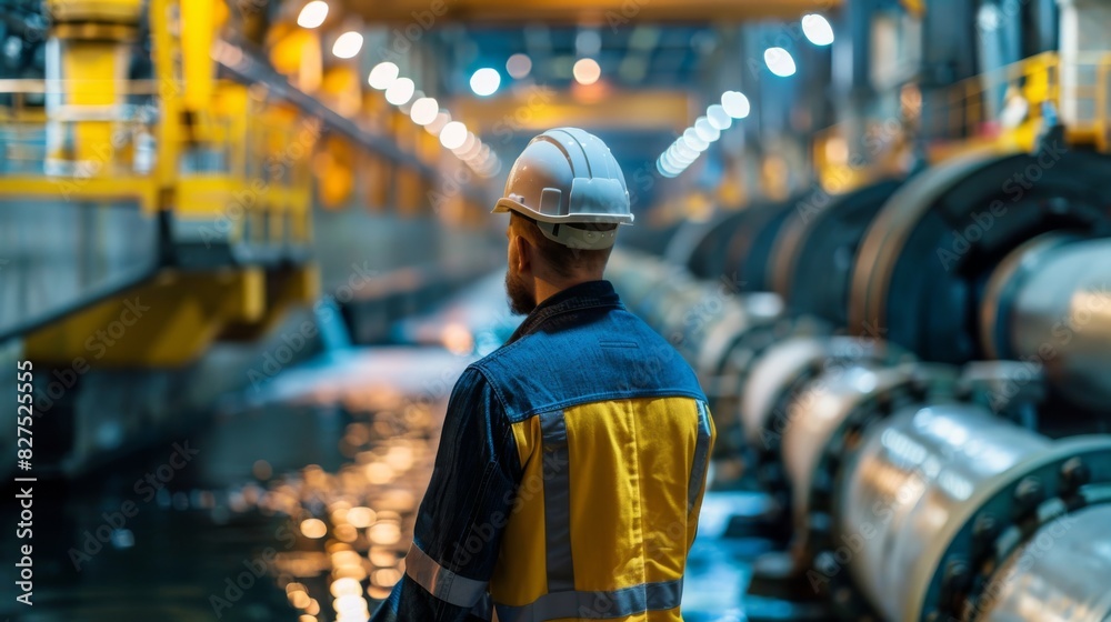 Skilled Engineer Monitoring Efficiency at Hydroelectric Power Plant