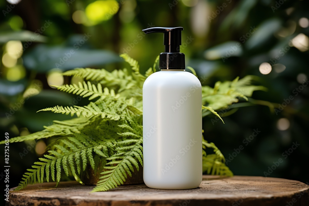 Stylish shampoo stand, small white bottle in the center against a background of lush greenery Stylish shampoo stand, small white bottle in the center against a background of lush greenery