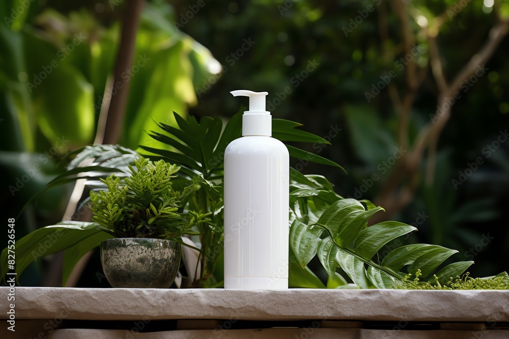 Stylish shampoo stand, small white bottle in the center against a background of lush greenery Stylish shampoo stand, small white bottle in the center against a background of lush greenery