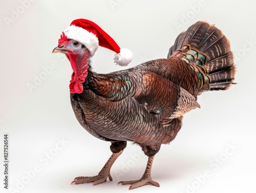 Candid portrait of turkey wearing a Santa hat isolated against a pure white background
 photo