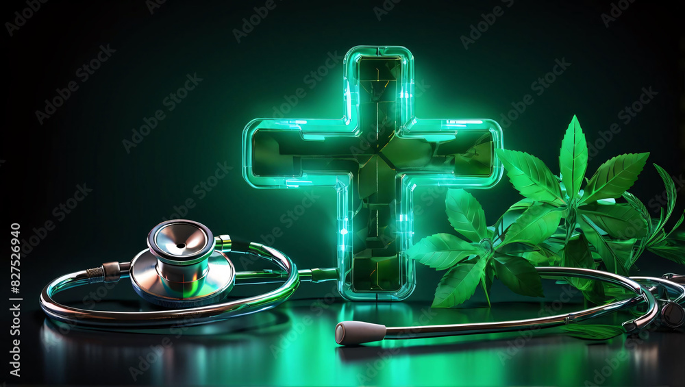 Green plus sign glowing on a medical background with a stethoscope ...