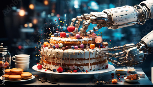 Futuristic robot arm assembling a delicious cake
