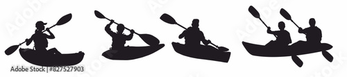 silhouettes of kayaking set. Illustration of men and women in kayak. 