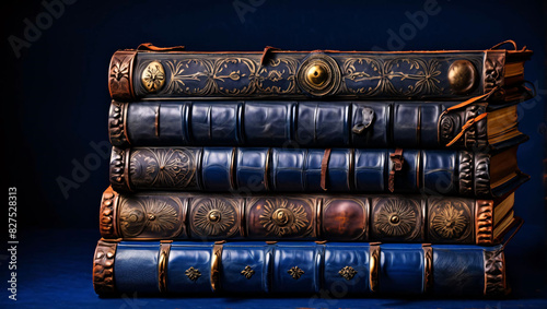 Stack of antique books with leather bindings on a royal blue background photo