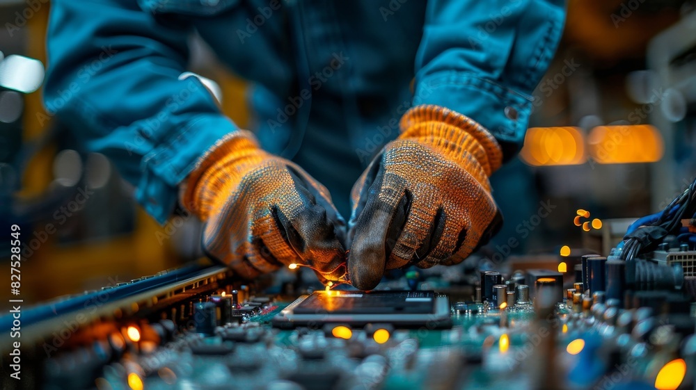 Worker Assembling Circuit Board in Factory Worker Assembling Circuit Board in Factory