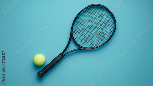 Black tennis racket with tennis ball on blue back, generative AI