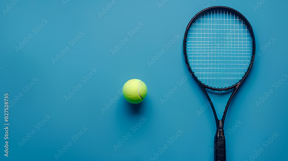Black tennis racket with tennis ball on blue back, generative AI