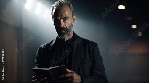 Orthodox priest in traditional robe holds open Bible standing in cell window sunlight. Christian monk prays with book in spiritual retreat. Churchman inspires reading Holy Scripture in chamber photo