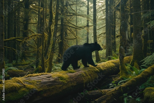 Resilient Wildlife  Bear Crossing Moss-Covered Log