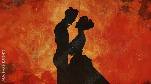 Stylized, artistic depiction of a couple embracing. The background has a warm, textured look with shades of orange and red, giving the impression of a fiery or sunset-like atmosphere