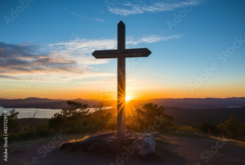 Cross of Jesus Christ at sunset in the countryside. Easter concept.