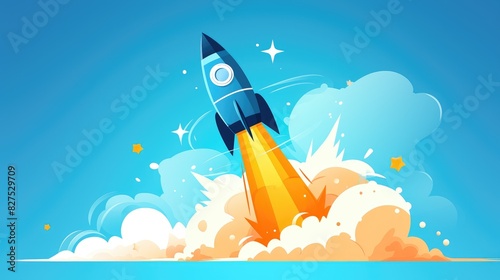 Launching a new app Picture a sleek cartoon rocket blasting off symbolizing the start of a promising business venture fueled by cutting edge technology and innovation on a smartphone © AkuAku