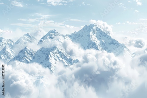Breathtaking aerial view of snow-covered mountain peaks surrounded by fluffy clouds under a clear blue sky, perfect for nature and landscape themes.