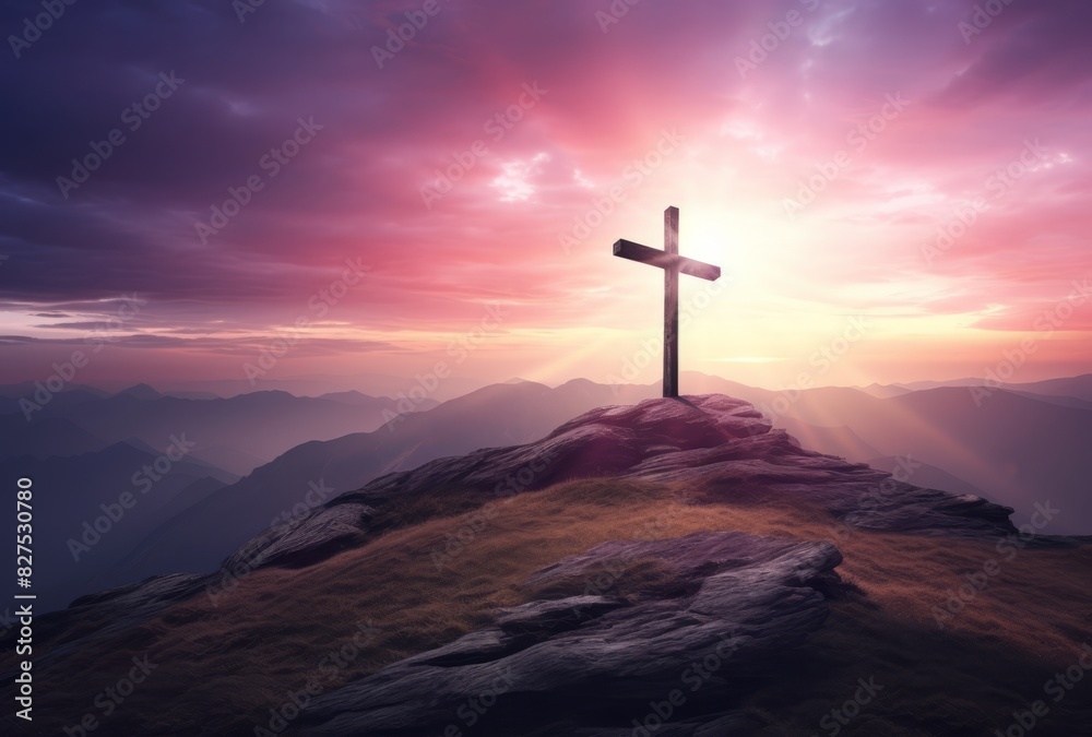 Cross on the mountain at sunset.