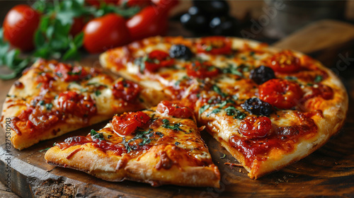 Fresh Margarita Pizza With Cheese and Tomatoes On Blurry Background