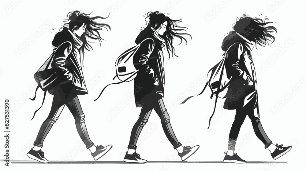 Modern urban girl is walking. Black and white sketch.