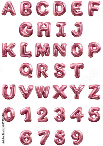 Rose foil 3d birthday metallic helium balloon alphabet isolated on transparent background. Pink set of letters A-Z and numbers 1-9 cut out png format