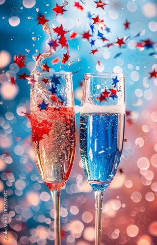 Clinking champagne glasses with stars confetti glitter inside, in red and blue colors. Festive background for 4th of July (Independence day) holiday in United States of America. © Artlana