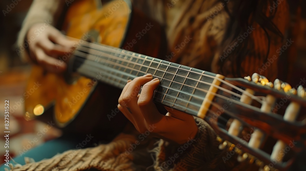 Fototapeta premium The hands playing the Guitar belong to a man.