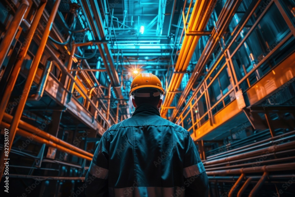 Back view of an engineer in hardhat inside a complex industrial setting with vibrant pipes Back view of an engineer in hardhat inside a complex industrial setting with vibrant pipes