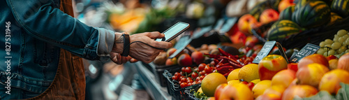 Modern Market Transaction  Vendor Accepting Mobile Payment in Busy Setting on Glossy Background   High Resolution Photo with Realistic Depiction of Efficient Digital Payment at Mar