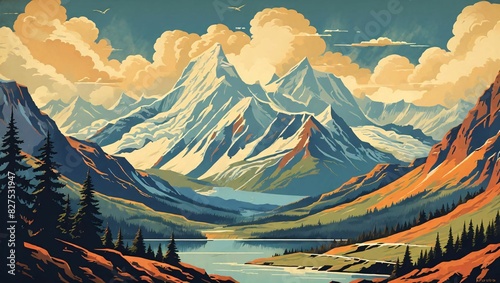 Vintage travel poster illustration of a mountain range