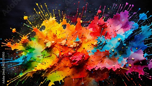 Watercolor paint splatters in a rainbow of colors