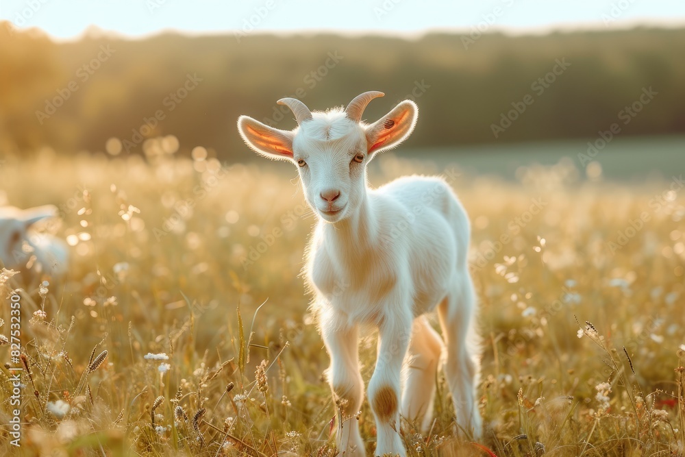 Tranquil Meadow Grazing: Tiny Goat Amidst Tall Grass Tranquil Meadow Grazing: Tiny Goat Amidst Tall Grass