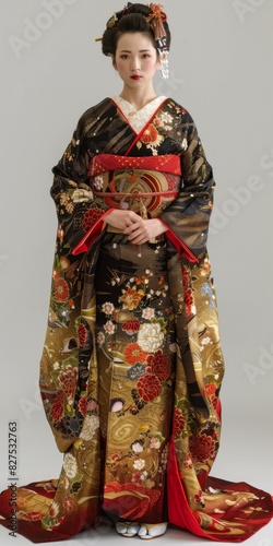 Japanese Woman Wearing Traditional Kimono with Red and Gold Embroidered Floral Design © Adobe Contributor