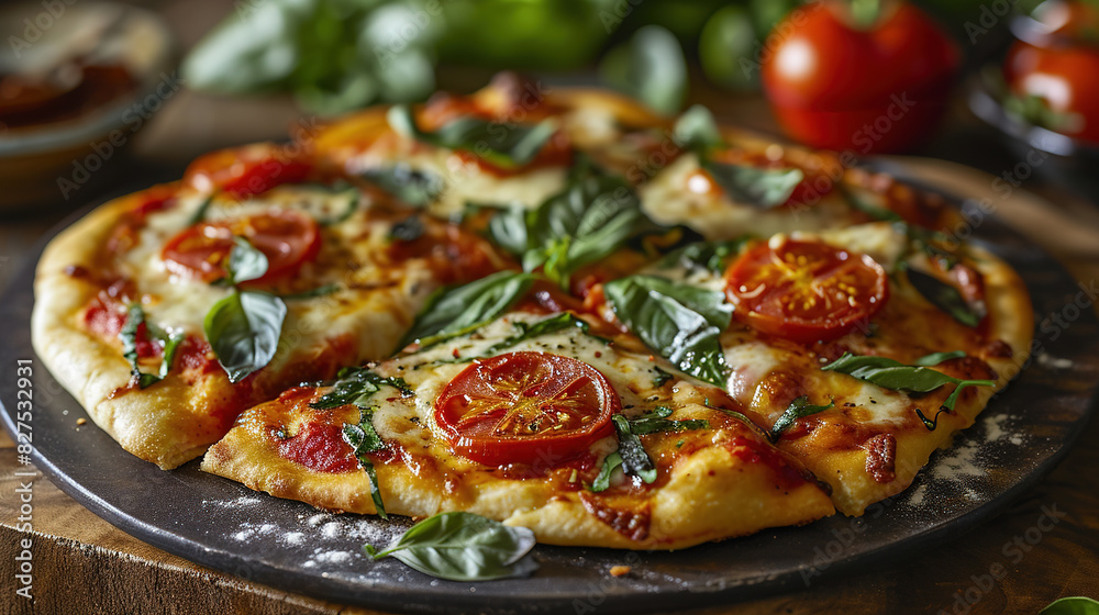 Fresh Margarita Pizza With Cheese and Tomatoes On Blurry Background Fresh Margarita Pizza With Cheese and Tomatoes On Blurry Background
