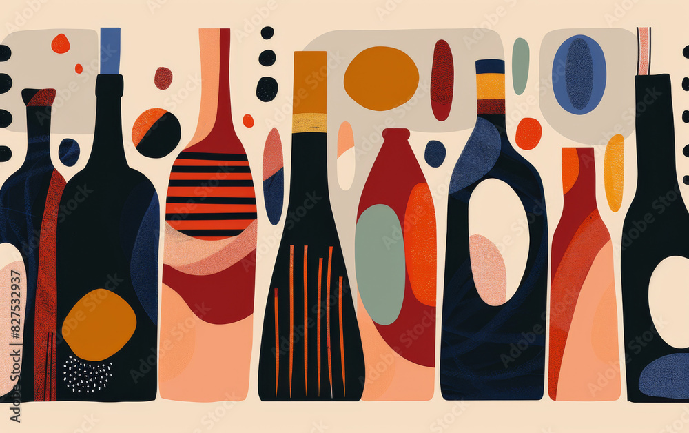 Abstract modern art featuring colorful and geometric wine bottle shapes, perfect for contemporary design and creative projects. Abstract modern art featuring colorful and geometric wine bottle shapes, perfect for contemporary design and creative projects.