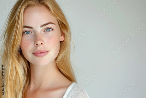 Chic Studio Portrait: Smiling British Woman with Blonde Hair photo