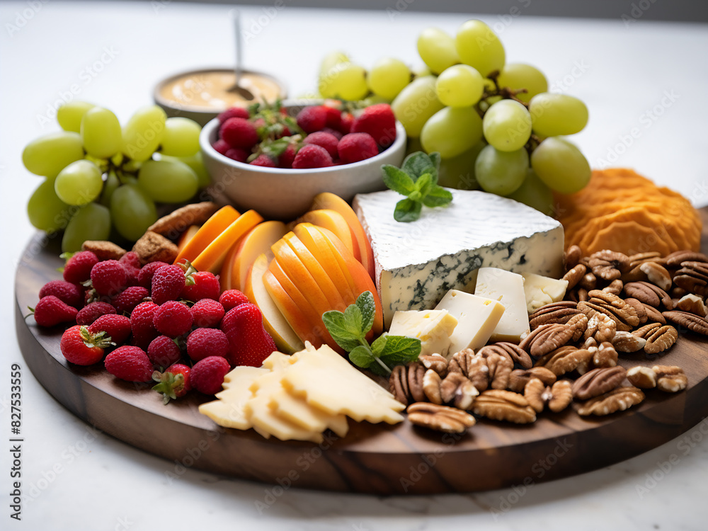 Cheese platter arrangement presents a variety of accompaniments on a white board Cheese platter arrangement presents a variety of accompaniments on a white board