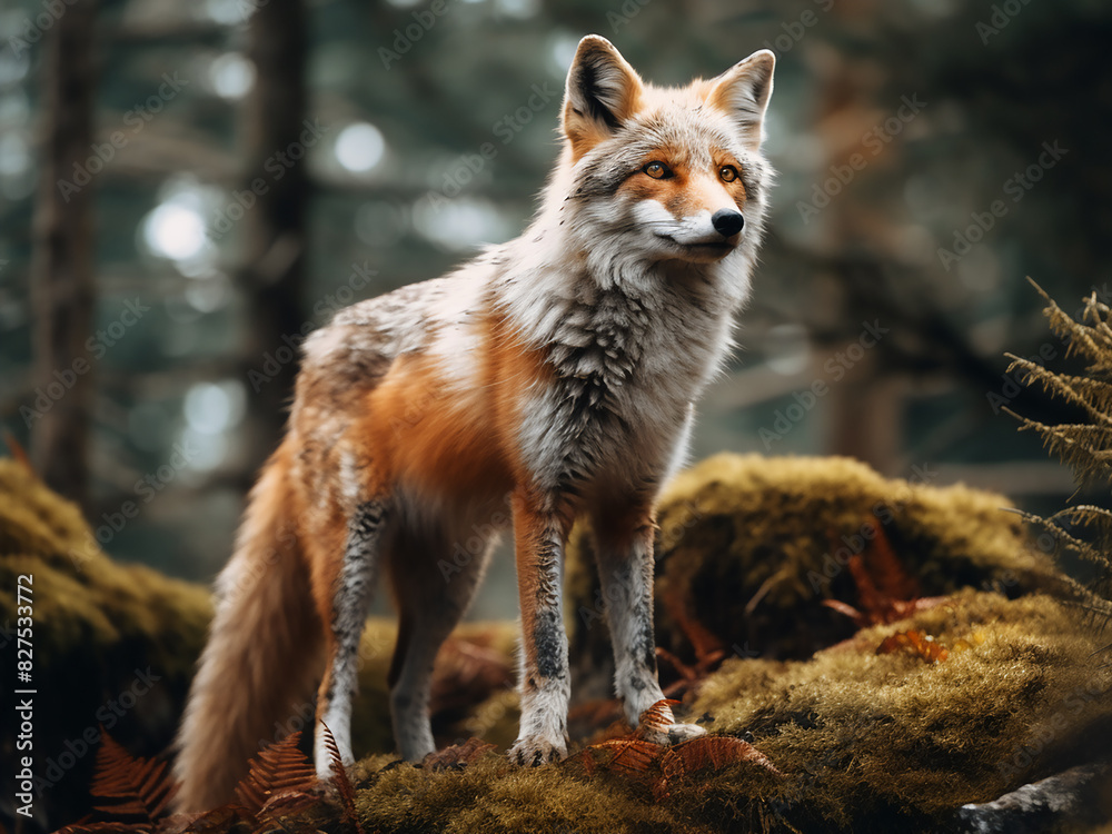 Fototapeta premium A fox stands prominently on a forested hill, captured in a close-up shot